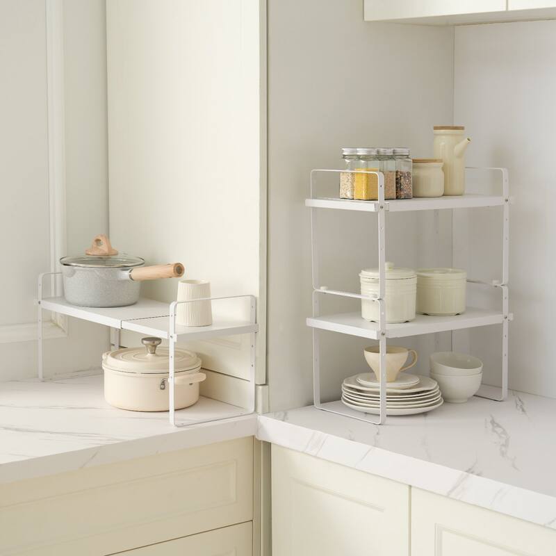 Adjustable Expandable 2-Tier Stackable Cabinet Organizer Shelf with Height Control - 25.6x8.7x19.7 inch