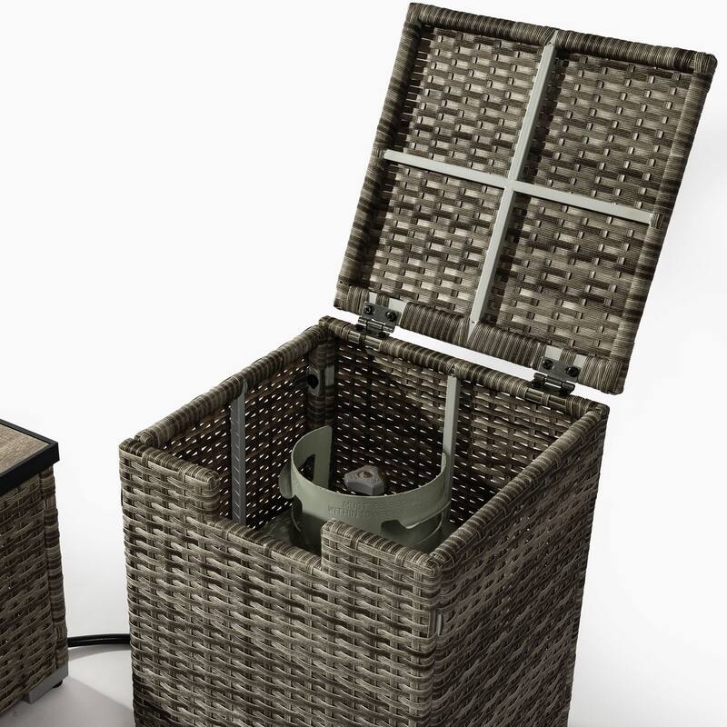GDFStudio - Everly Beige Rattan Propane Fire Pit Table with Hidden Tank Storage and Ceramic Tile Tabletop