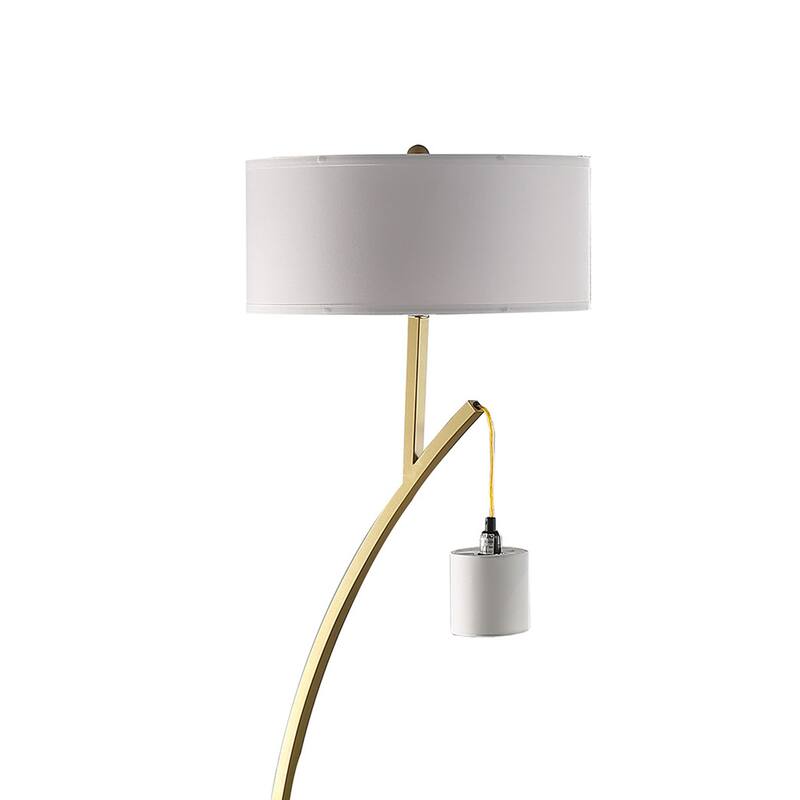 Jiya 59 Inch Arc Floor Lamp, Hanging Design, 2 White Drum Shades, Gold