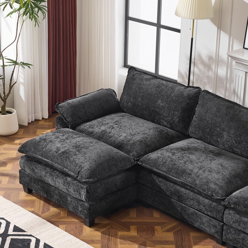 Full KD Double Cushion Chenille Sofa with Ottoman