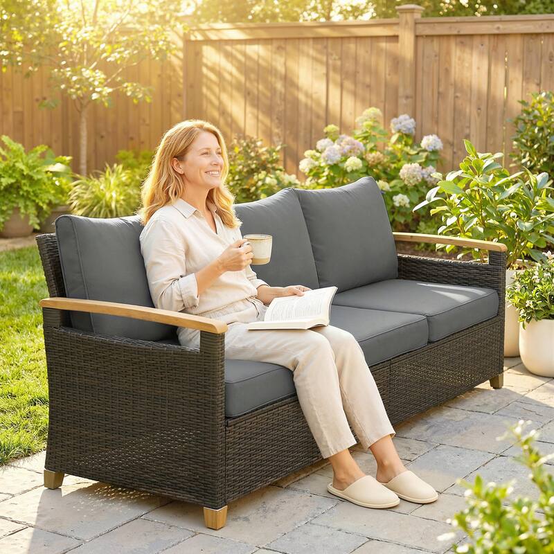 Outsunny 3 Seater Outdoor Couch Sofa, PE Wicker Patio Couch with Wide Deep Seating, 4" Foam Cushions - Grey