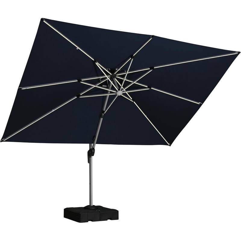 PURPLE LEAF 09x12/10x13 ft Rectangular Sunbrella Patio Cantilever Umbrella with Base - Navy Blue/09x12ft/With lights