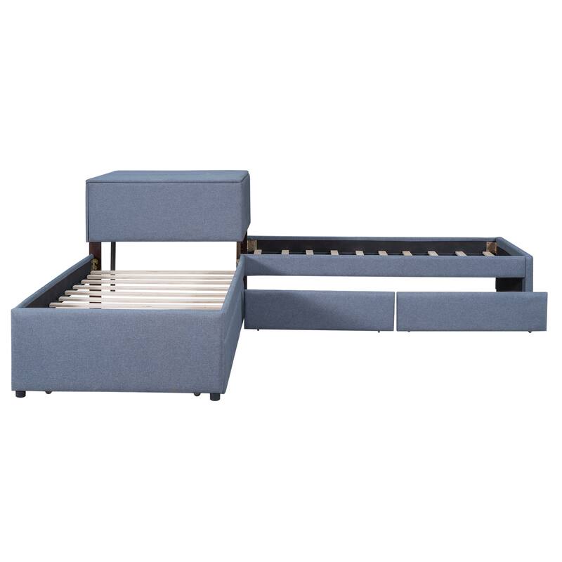 Roomfitters L-Shaped Upholstered Platform Bed with Trundle, Desk and Underbed Compartments, Gray