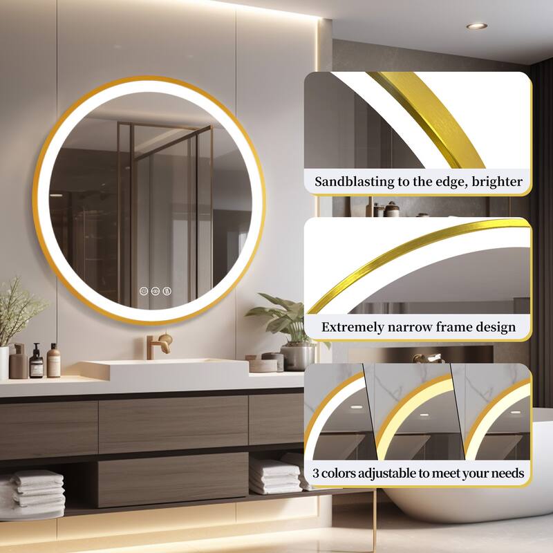 Gold Aluminum Framed Round Bathroom Vanity Mirror Dimmable Illuminated Wall Mirror
