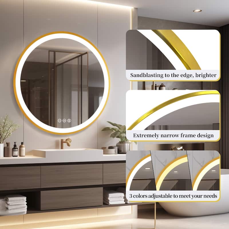 Gold Framed LED Wall Bathroom Vanity Mirror 3 Color Dimmable Anti Fog