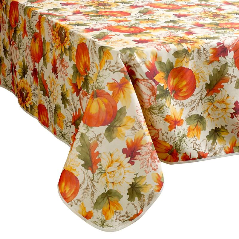 Violet Linen Fall Harvest Pumpkins Autumn Leaves Pattern Tablecloth - 60" X 120"