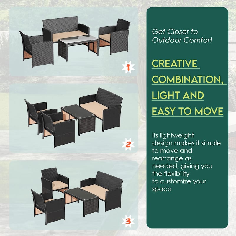 EROMMY 4-Piece Patio Furniture Set with Cushions, Wicker Sofa and Glass Coffee Table, All-Weather PE Rattan Conversation Set.