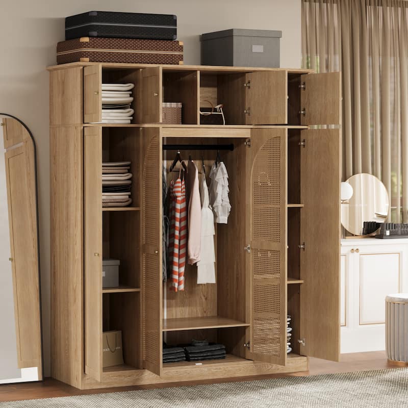 Rattan Decorative Doors Wardrobe Closet with Hanging Rod & Shelves, Large Capacity Armoire Clothing Storage Cabinet - Natural