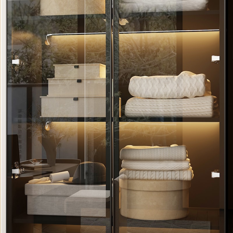 Black Glass Door Corner and Standard Cabinet Set with Lights Strips