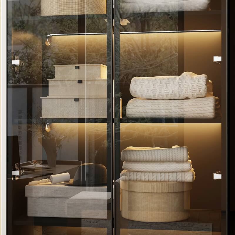 Black Glass Door Wardrobe Set with Lighting Strips, Storage Cabinet