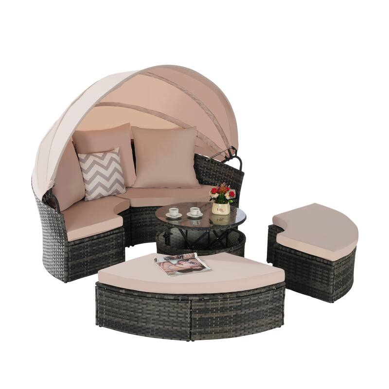Outdoor Round Daybed with Retractable Canopy, Cushions, Table,Set of 5