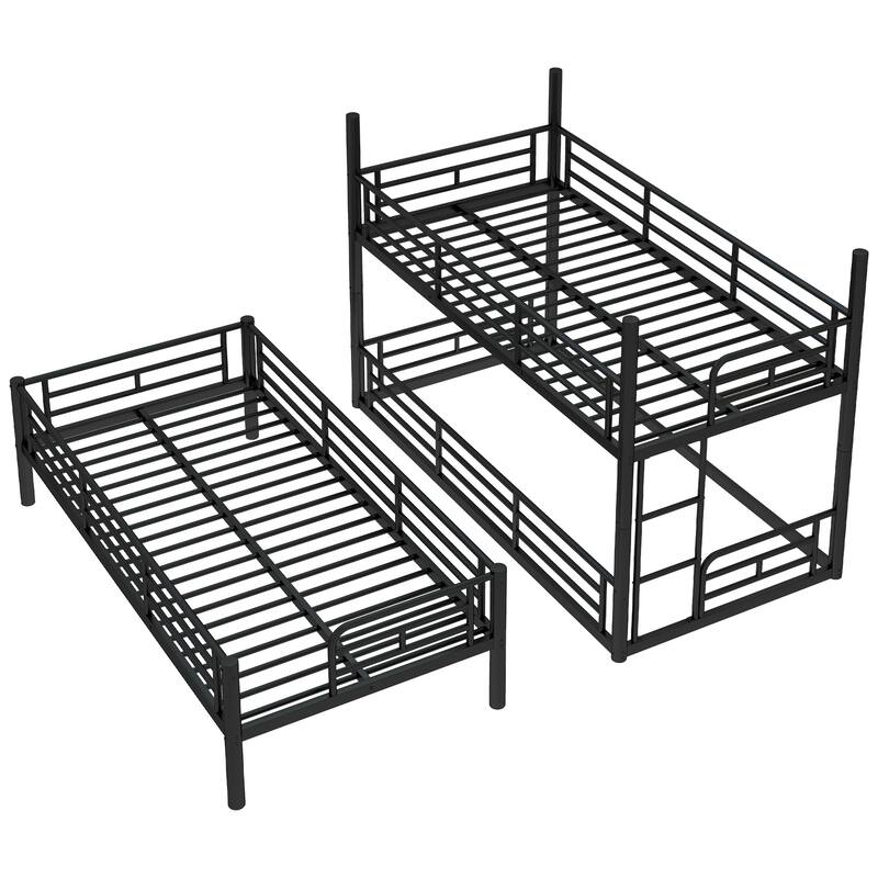 Twin over Twin over Twin Bunk Bed, Metal Triple Bunk Bed with Safety Guardrails, Heavy-duty Bunk Bed with Noise-reduced Design