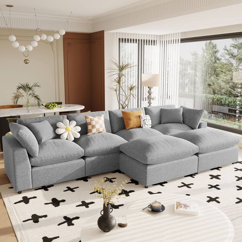 Large U-Shape Sectional Sofa with 4 Pillow, 6 Seat Modern Sofa with Removable Ottomans Upholstered Deep Seat Couches