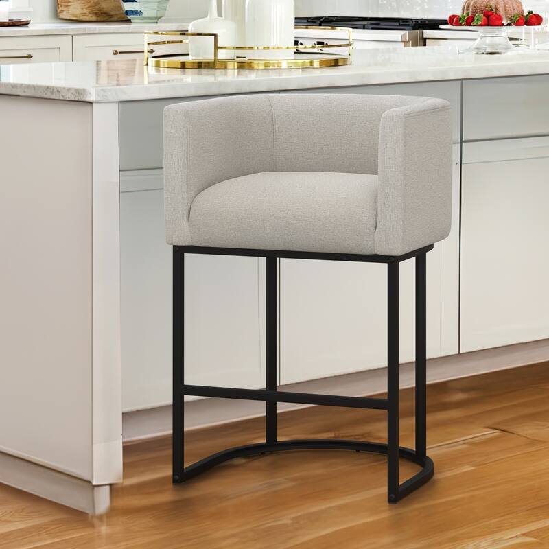 26 in. Counter Height Low Back Bar Stool with Metal Frame Modern Barrel Fabric Bar Stool for Kitchen Island