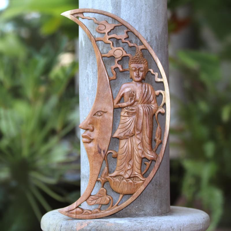 Novica Handmade Buddha Moon Wood Relief Panel