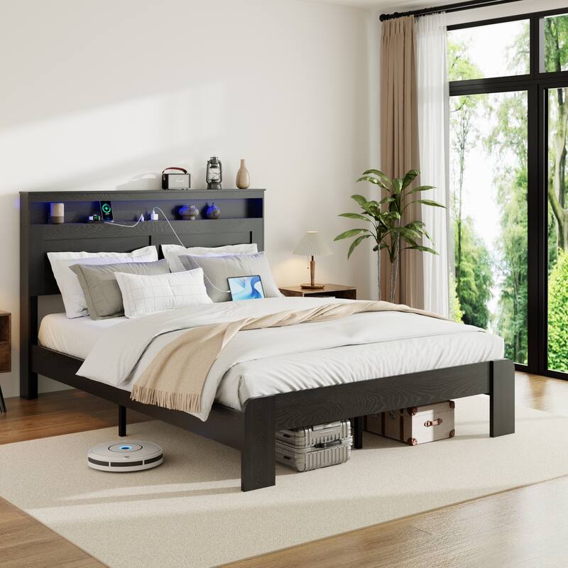 King Size Wood Platform Bed Frame with Storage Headboard, USB Ports, and LED Lights, Easy Assembly, Dark Black