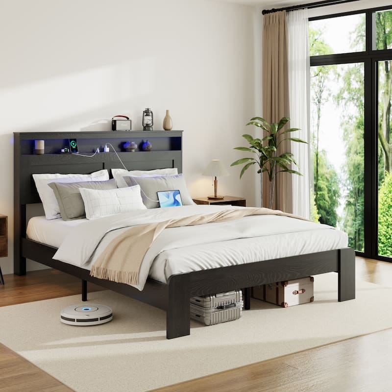 Roomfitters King Bed Frame with Wood Platform, Storage Headboard, Charging Station, Light Bar Headboard, Black