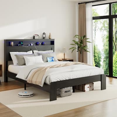 Wood Platform Bed Frame with Storage Headboard Built-in LED Light and 2 USB Ports, Low Profile Bed with Metal Slats Support
