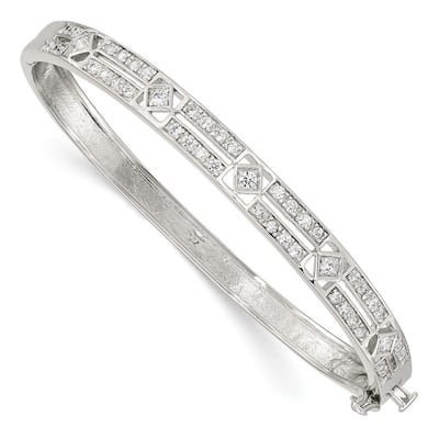 Curata 925 Sterling Silver 6mm Cubic Zirconia At Deco Hinged Bangle Bracelet