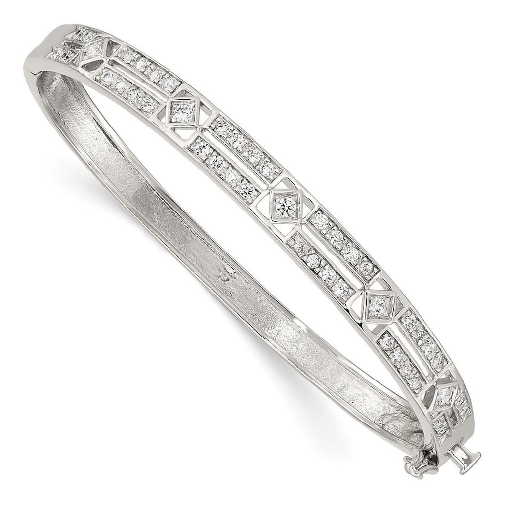 Curata 925 Sterling Silver 6mm Cubic Zirconia At Deco Hinged Bangle Bracelet