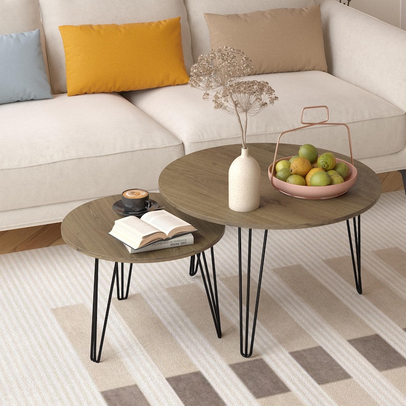 Wood End Table Coffee Table Dining Table Set of 2 with Iron Legs Sofa Table Display Table Office Table for Bedroom
