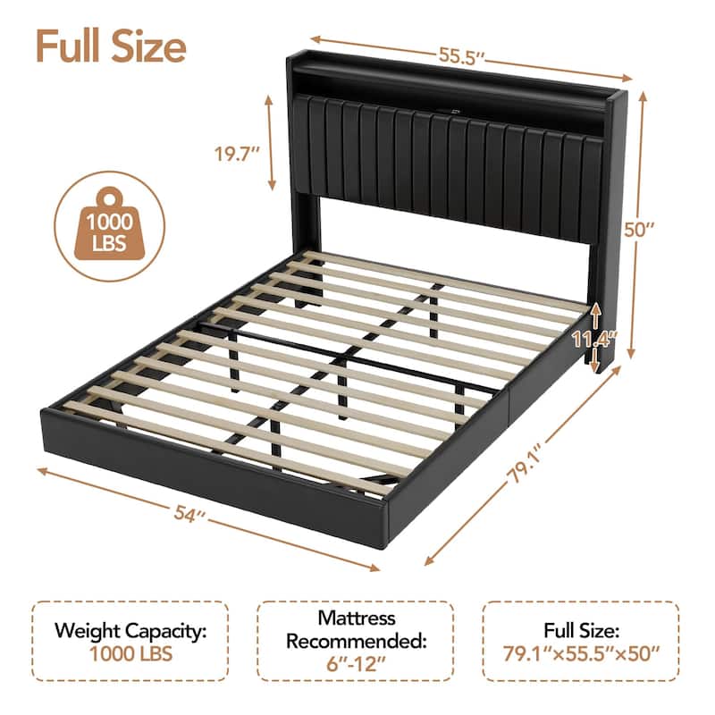 Full/Queen Size Floating Bed Frame with LED Lights, Charging Station, Leather Upholstered Headboard With Storage