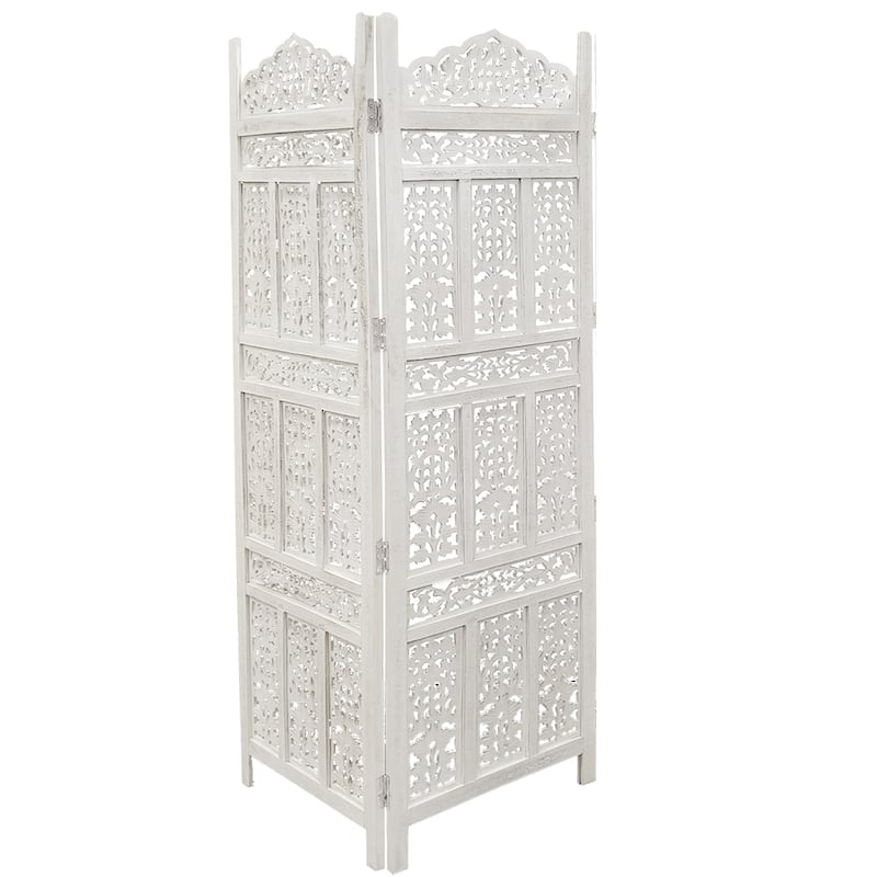 Aesthetically Carved 4 Panel Wooden Partition Screen/Room Divider, Distressed White