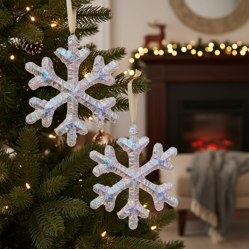 HomeRoots Set of Two White Iridescent LED Lighted Holiday Snowflake Christmas Ornaments - Plastic - White