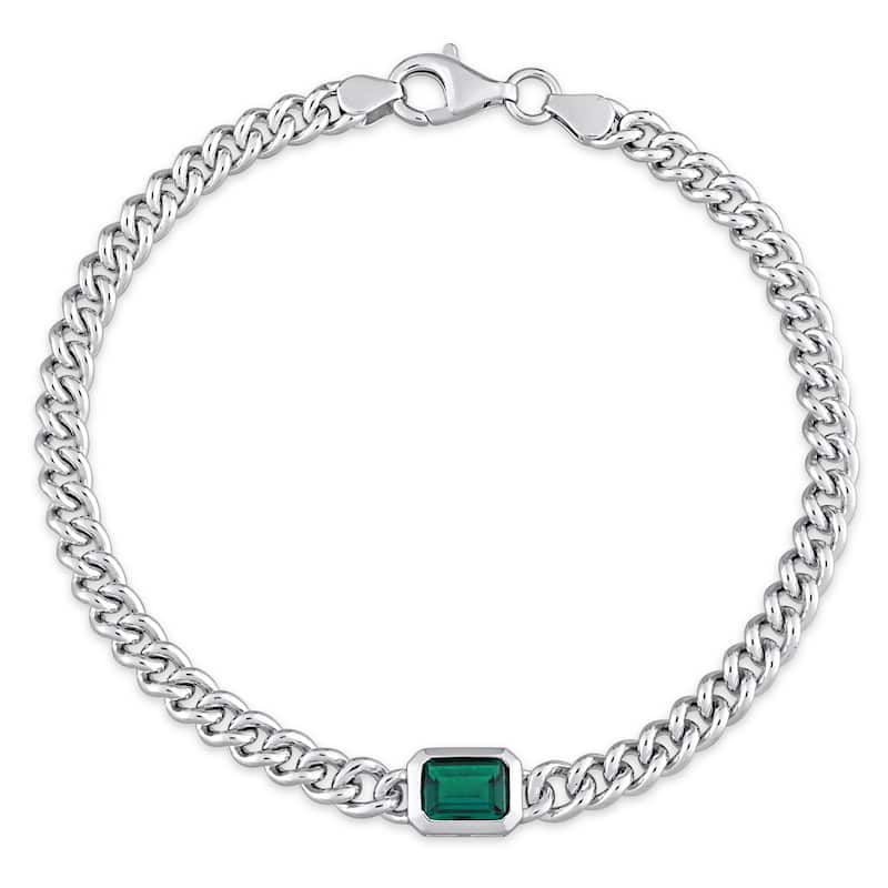 Miadora 7/8ct TGW Octagon Created Emerald Curb Link Chain Bracelet in Sterling Silver