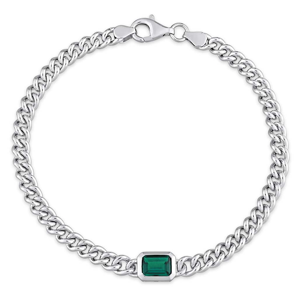 Miadora 7/8ct TGW Octagon Created Emerald Curb Link Chain Bracelet in Sterling Silver