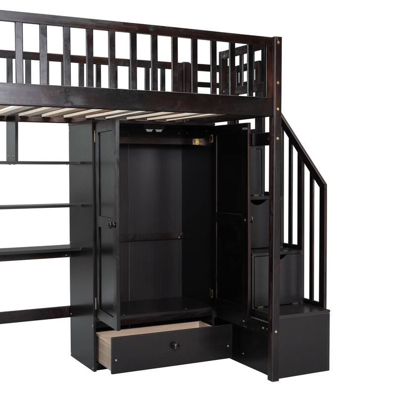 Twin Size Loft Bed with Built-in Desk and Wardrobe, Solid Wood Stairway Loftbed Frame with Bookshelf & Drawers for Kids/Bedroom