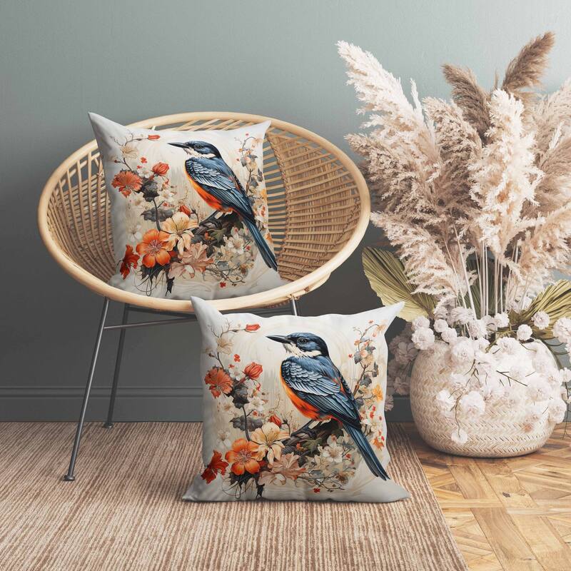 Feathered Floralscapes Faux Suede Reversible Throw Pillow Orange and Blue