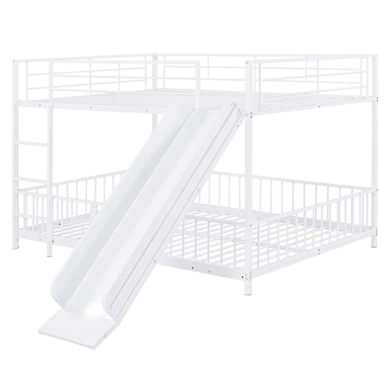 White Full over Full Size Metal Bunk Bed with Slide and Guardrails for Kids, Boys and Girls, Bedroom