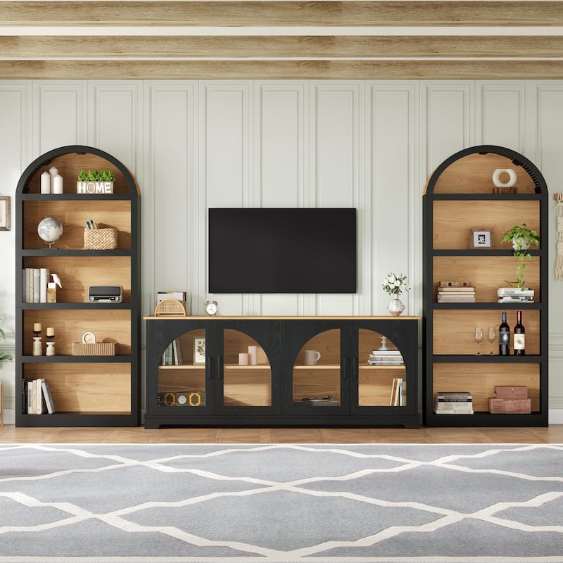 3-Piece Entertainment Center with Bookshelves for TVs up to 70", Retro Wall Unit TV Stand with Glass Doors, Media Console Table