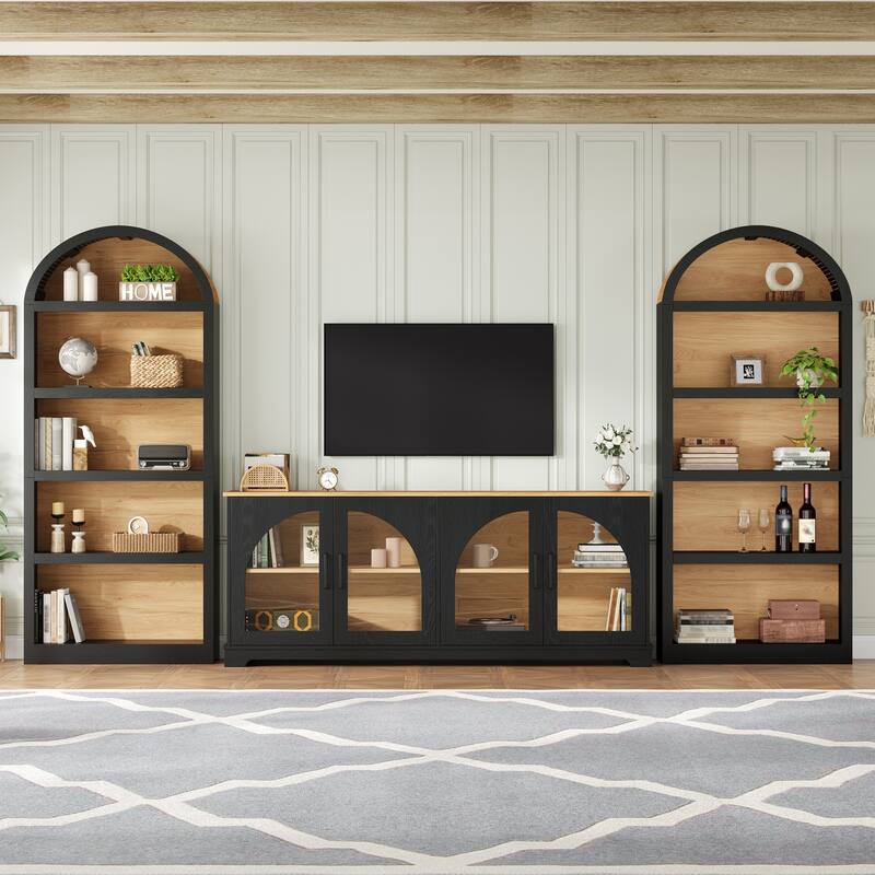 3-Piece Retro Entertainment Center for TVs up to 70", Two-Tone Farmhouse TV Stand with Sideboard & Bookshelf