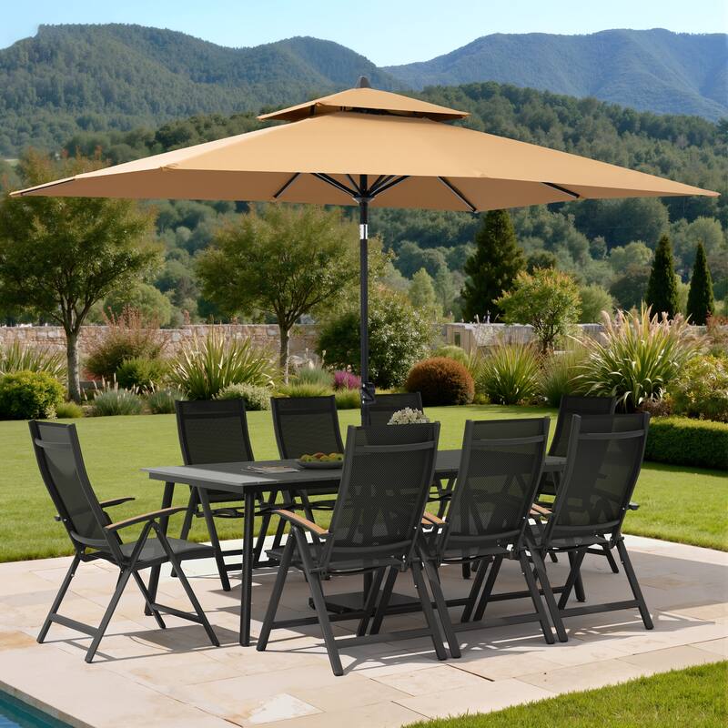 11PC Outdoor Patio Dining Set WoodLike Aluminum Umbrella Hole Table with Folding Chair,Double Top Market Umbrella and Wheel Base - GreyTable&BlackChairs&TanUmbrella