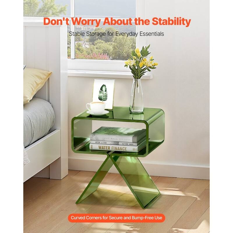 Transparent Green Acrylic Side Table with 2-Tier Storage and Sturdy Design - 11.8 x 15.4 x 17 in