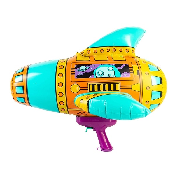 20" Teal, Orange and Purple Inflatable Spaceship Water Blaster. Opens flyout.