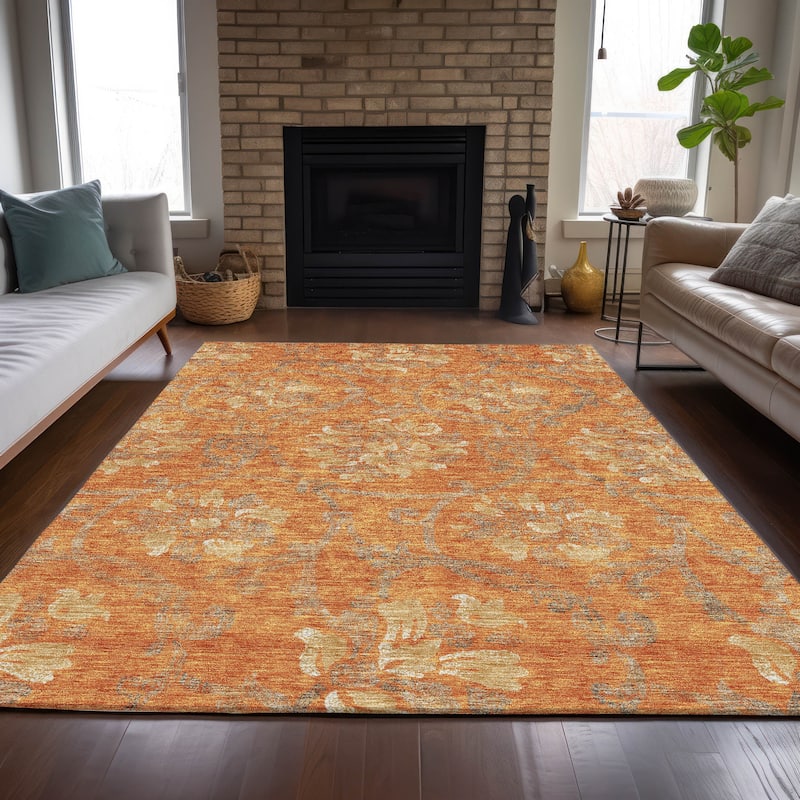 Machine Washable Indoor/ Outdoor Chantille Scroll Floral Rug