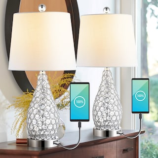 Hank 22.25" Midcentury Modern Iron LED Table Lamp with USB Charging Port, Clear (Set of 2) by JONATHAN  Y