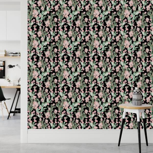 Dark Wallpaper with Pink Cactus Flowers Peel and Stick and Prepasted ...