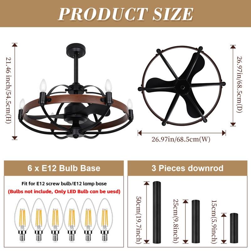Farmhouse Modern Black LED Dimmable Ceiling Fan with Light and Remote Control 3 ABS Blades DC Motor for Bedroom Living Room