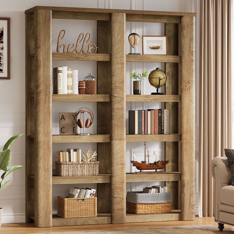 6-Tier Tall Bookshelf, 55-Inch Wide Farmhouse Bookcase Shelving Unit - Oak Brown