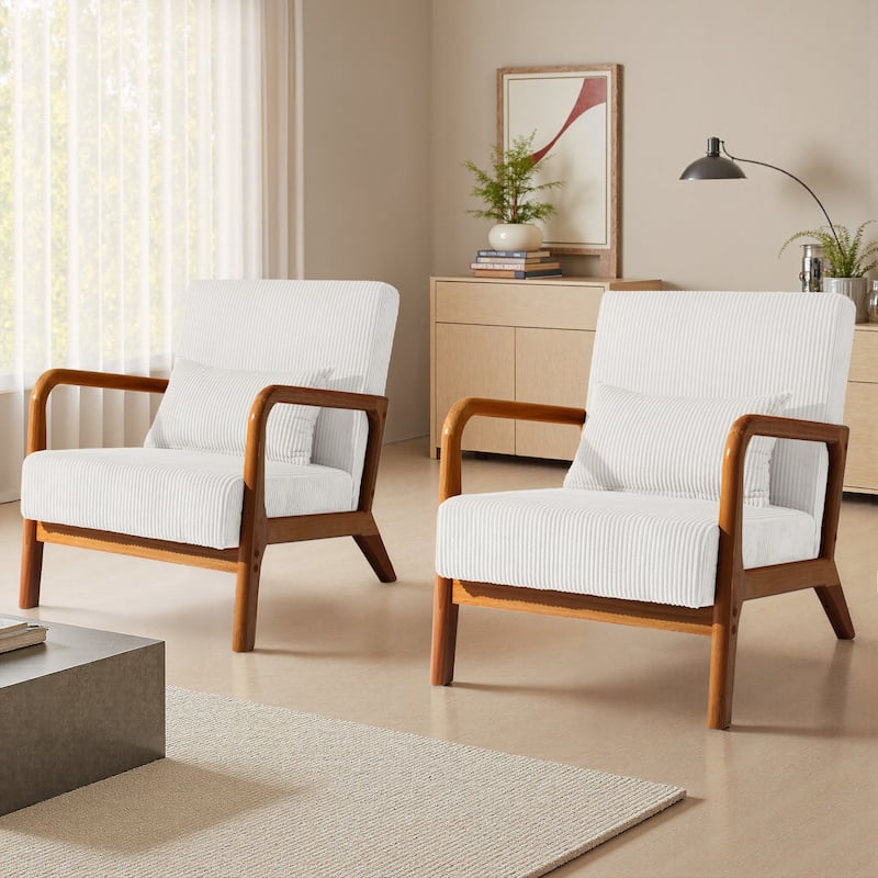 Modern Corduroy Upholstered Accent Chair with Wood Legs Set of 2