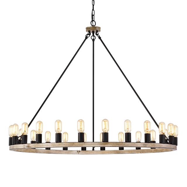 The Gray Barn Liam 48-inch Round Wagon Wheel 24-light Chandelier - Imitation Wood Grain+Black Socket