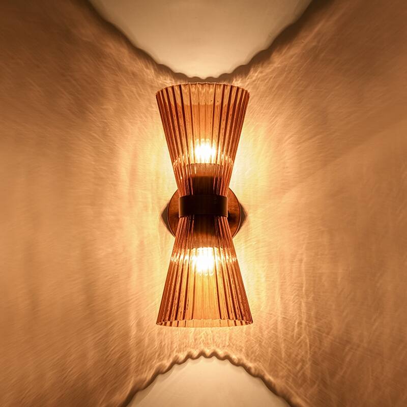 2-Light Hourglass Ribbed Glass Up & Down Wall Lamp Ambient Lighting
