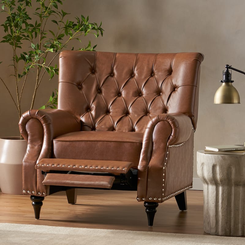 Classic Curled Arm Single Sofa Chair, Tufted Wide Back Recliner with Retractable Footrest Accent Chair with Rivet Trim&Wood Legs