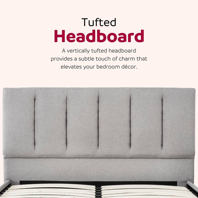 Queen Size Linen Upholstered Platform Bed with Channel Tufted Headboard and No Box Spring Required
