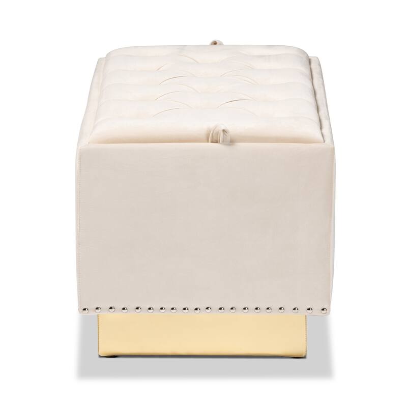 Powell Glam and Luxe Velvet Fabric and Gold PU Leather Storage Ottoman