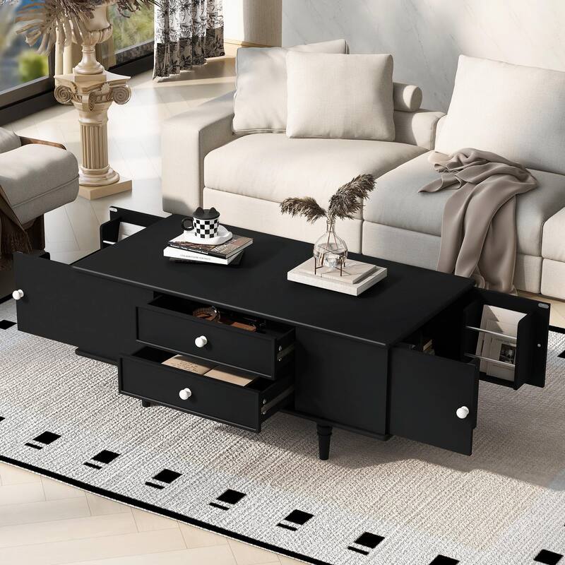 47.2" Wood Coffee Table with Metal Handles and Four Solid Wood Legs